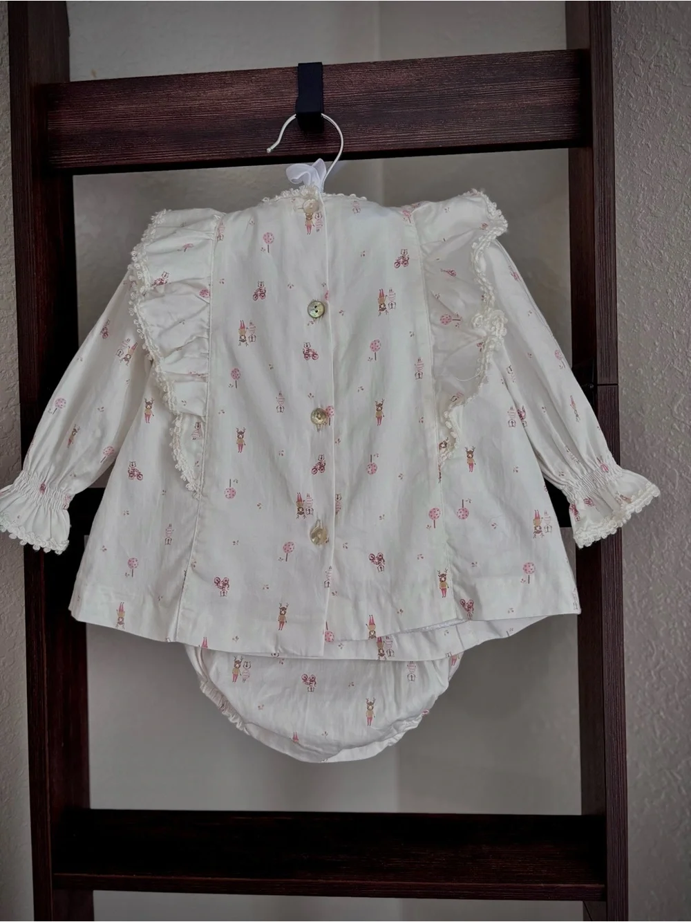 Cream Floral Ruffle Dress with Matching Diaper Cover